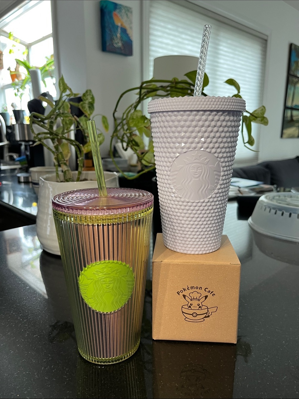 Starbucks White Studded Tumbler & Iridescent Green Logo Cup
